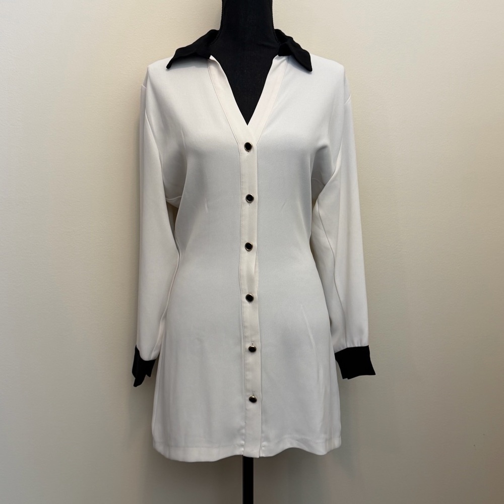 Zara Contrast Trim Mini Dress Womens‎ XS Button Up Shirt Off White Gold Buttons